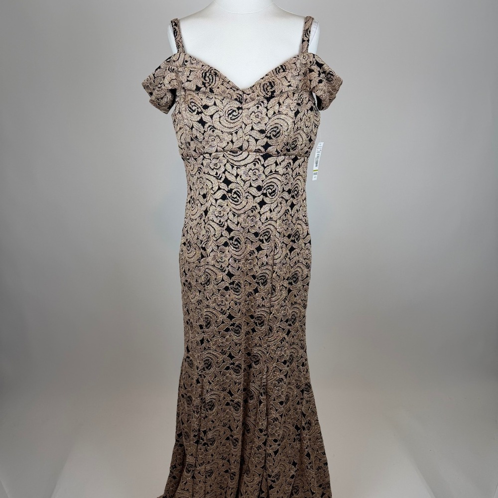 NWT R&M Richards Gold Black Glitter Lace Off Shoulder Mermaid Gown Dress Size 12